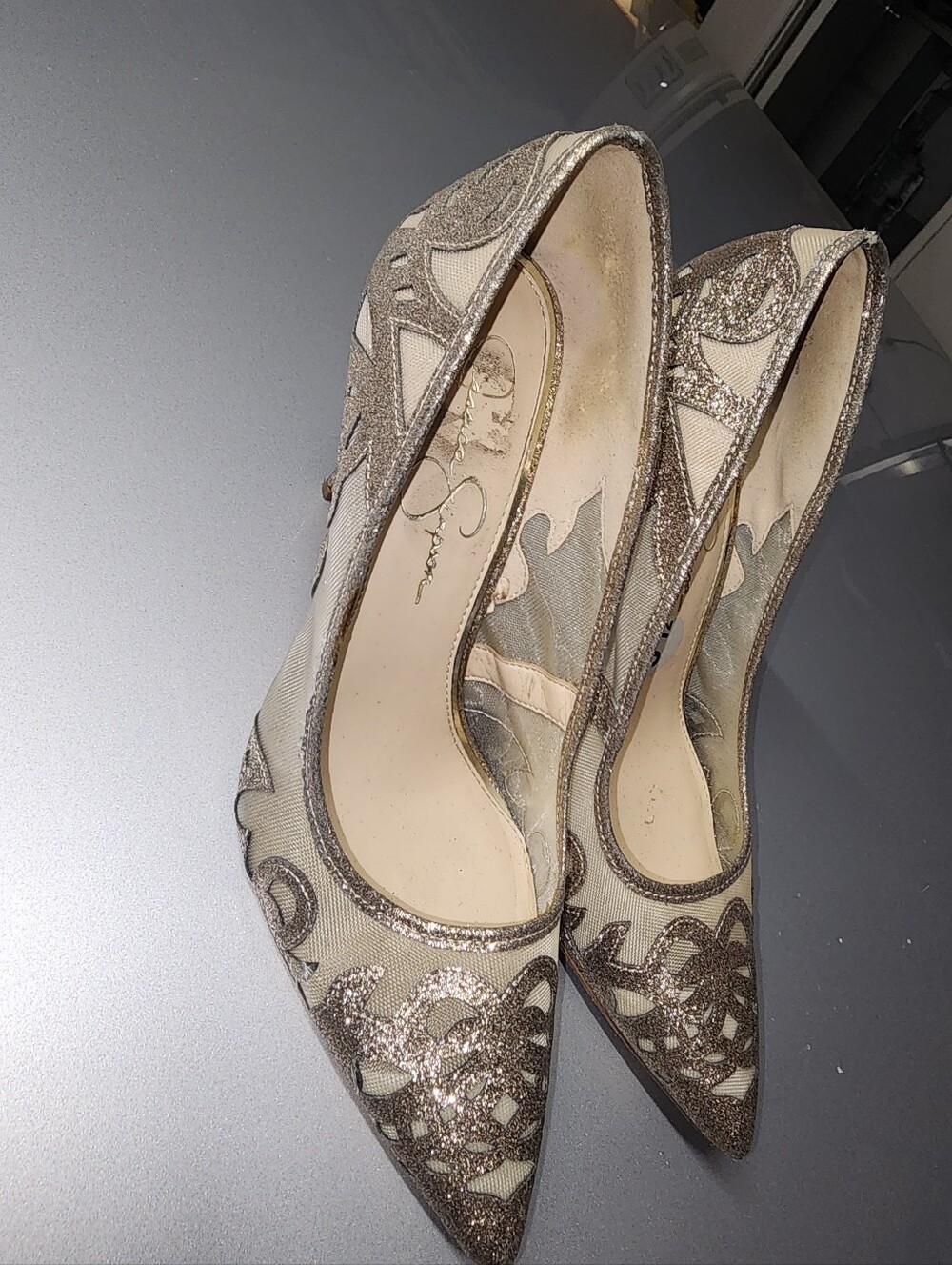 Jessica Simpson Beige Mesh Pumps with Gold Glitter Accents